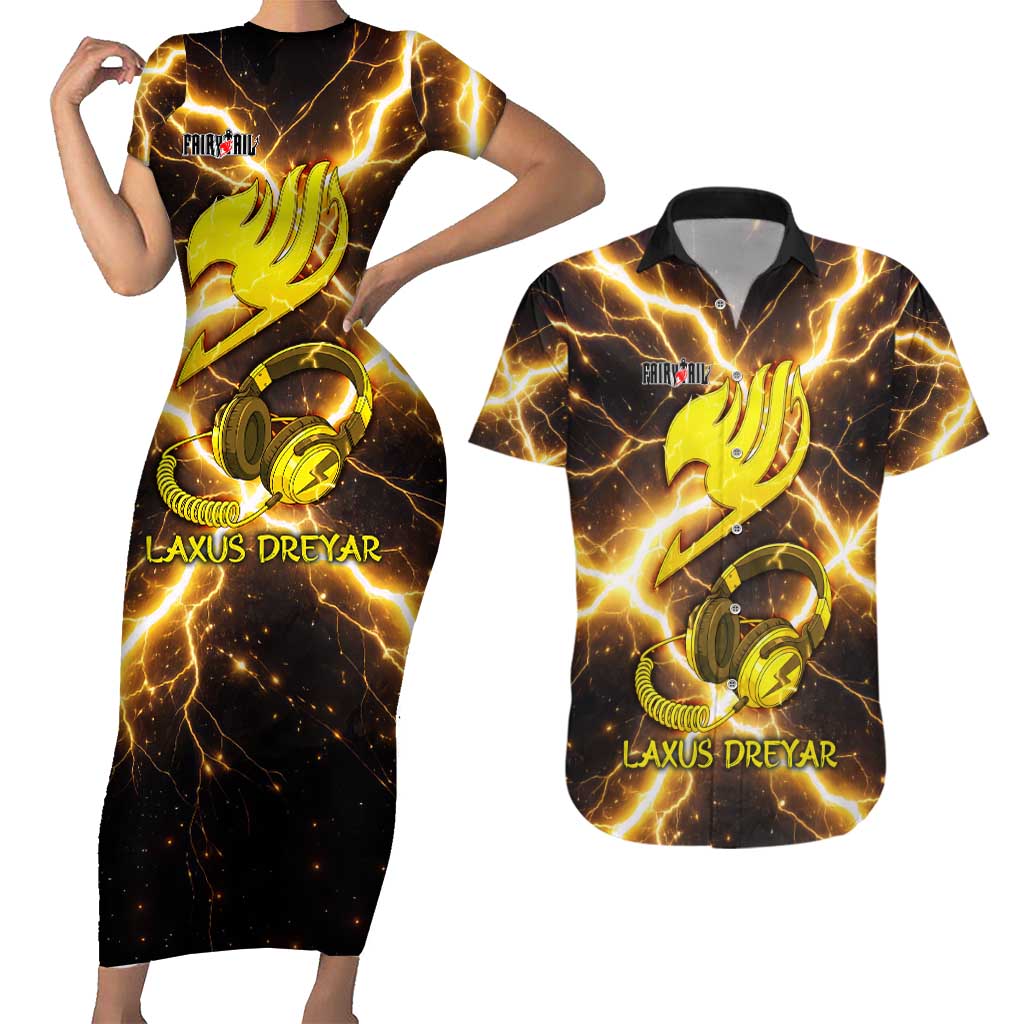 Laxus Dreyar Fairy Tail Couples Matching Short Sleeve Bodycon Dress and Hawaiian Shirt Lightning Dragon Anime Style with Electric Surge Visuals