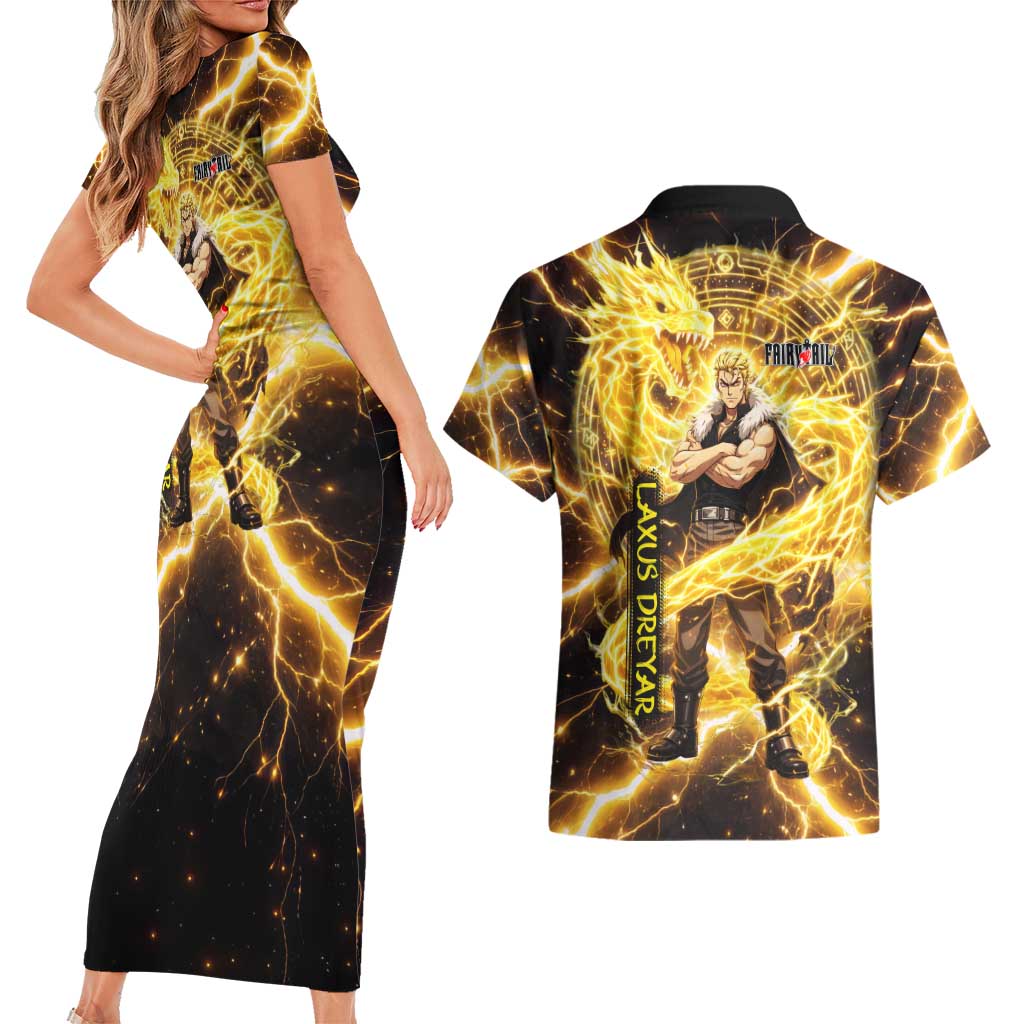 Laxus Dreyar Fairy Tail Couples Matching Short Sleeve Bodycon Dress and Hawaiian Shirt Lightning Dragon Anime Style with Electric Surge Visuals