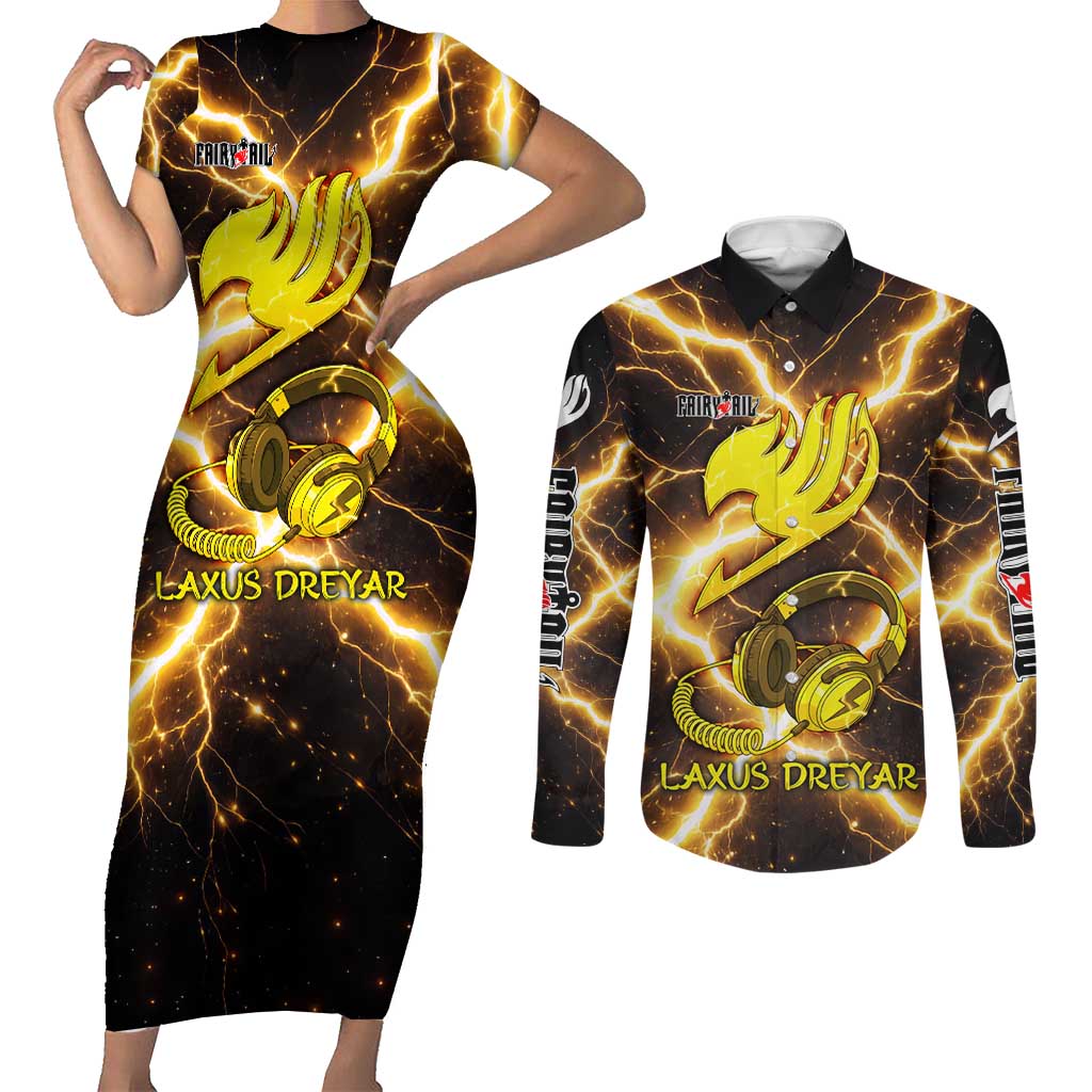 Laxus Dreyar Fairy Tail Couples Matching Short Sleeve Bodycon Dress and Long Sleeve Button Shirt Lightning Dragon Anime Style with Electric Surge Visuals