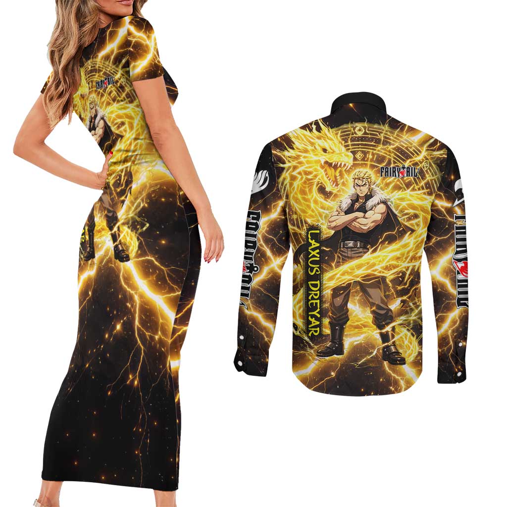 Laxus Dreyar Fairy Tail Couples Matching Short Sleeve Bodycon Dress and Long Sleeve Button Shirt Lightning Dragon Anime Style with Electric Surge Visuals