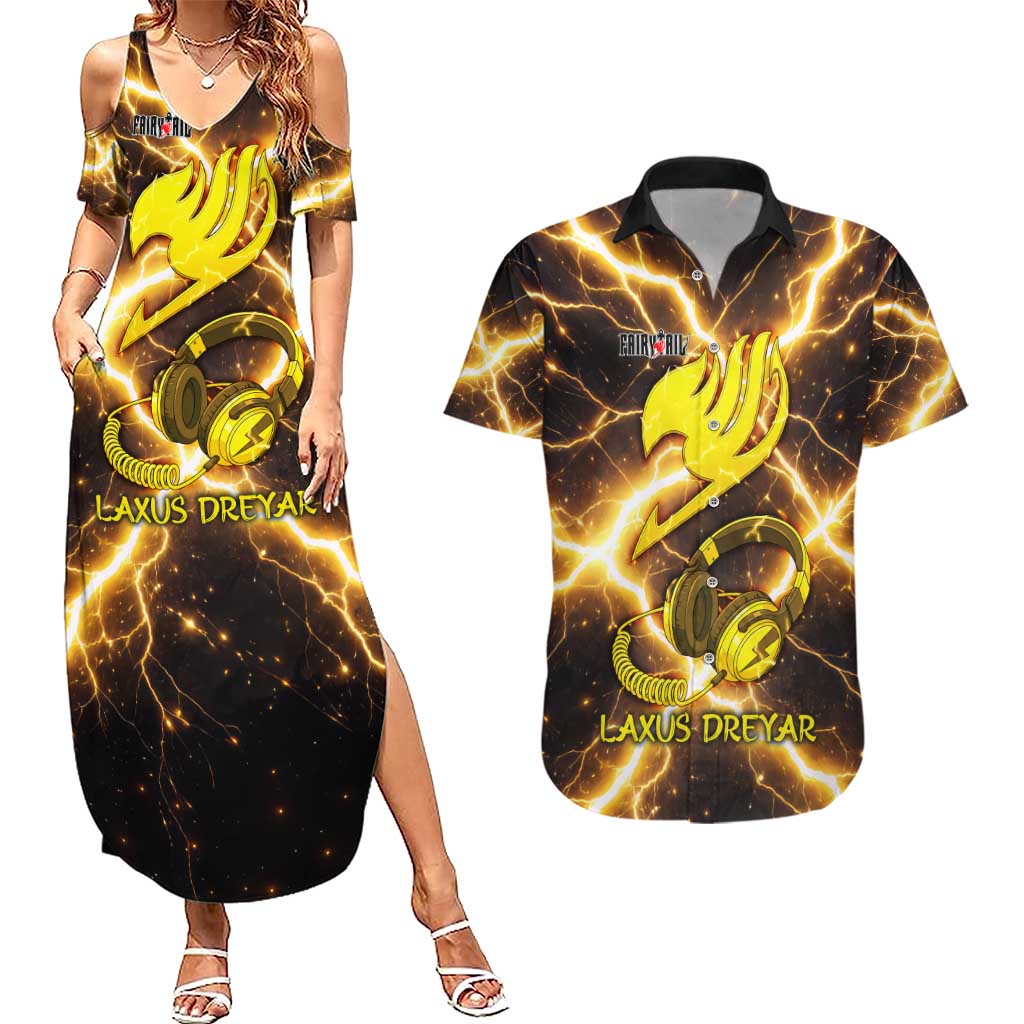 Laxus Dreyar Fairy Tail Couples Matching Summer Maxi Dress and Hawaiian Shirt Lightning Dragon Anime Style with Electric Surge Visuals