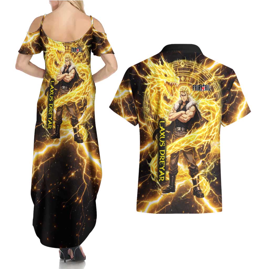 Laxus Dreyar Fairy Tail Couples Matching Summer Maxi Dress and Hawaiian Shirt Lightning Dragon Anime Style with Electric Surge Visuals