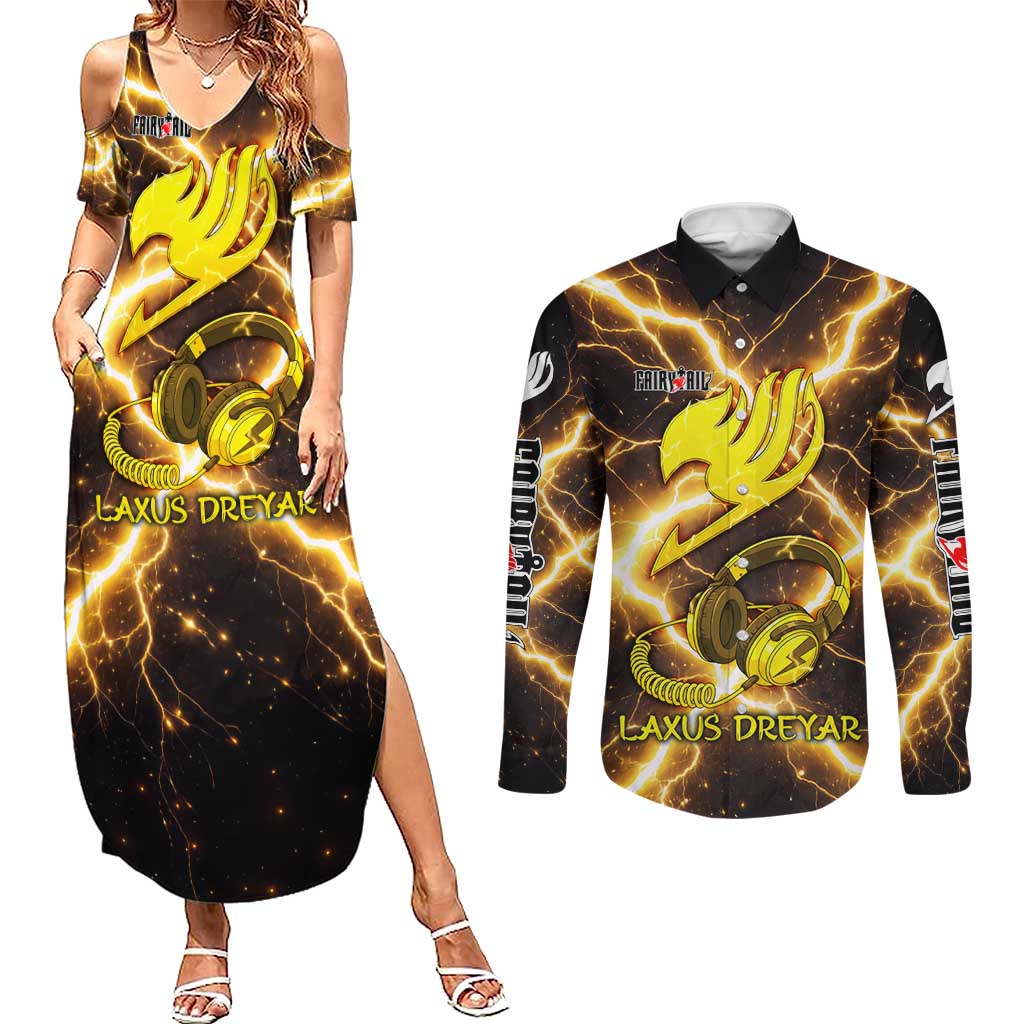 Laxus Dreyar Fairy Tail Couples Matching Summer Maxi Dress and Long Sleeve Button Shirt Lightning Dragon Anime Style with Electric Surge Visuals