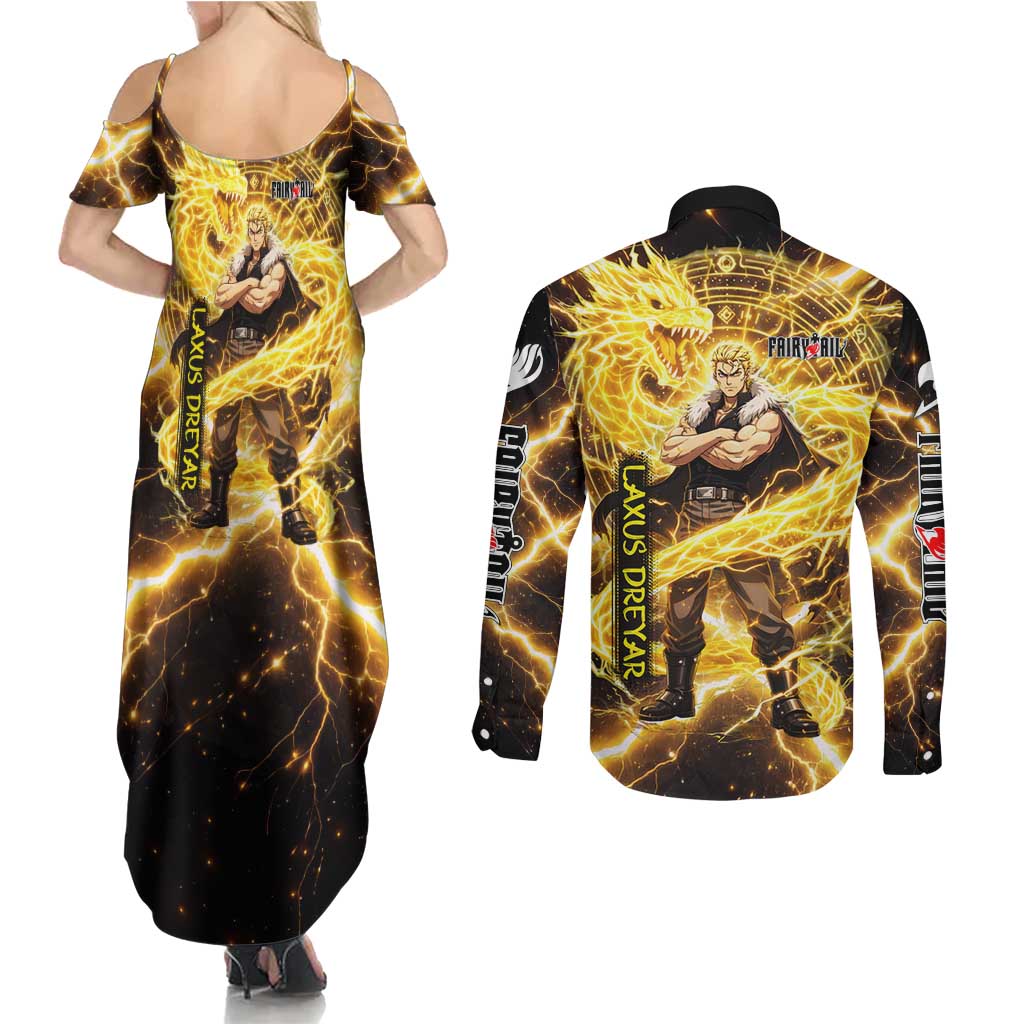 Laxus Dreyar Fairy Tail Couples Matching Summer Maxi Dress and Long Sleeve Button Shirt Lightning Dragon Anime Style with Electric Surge Visuals