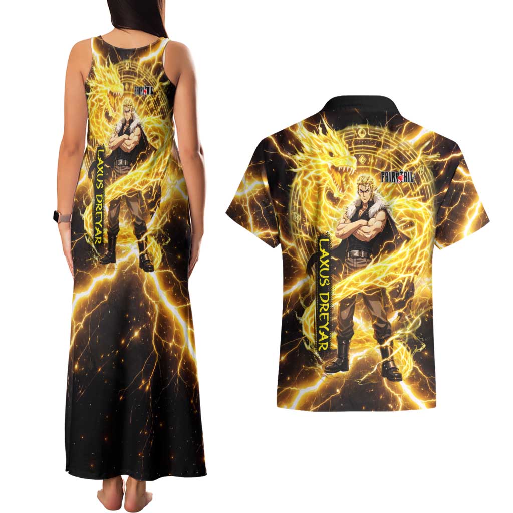 Laxus Dreyar Fairy Tail Couples Matching Tank Maxi Dress and Hawaiian Shirt Lightning Dragon Anime Style with Electric Surge Visuals