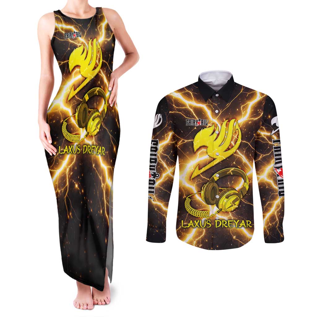Laxus Dreyar Fairy Tail Couples Matching Tank Maxi Dress and Long Sleeve Button Shirt Lightning Dragon Anime Style with Electric Surge Visuals