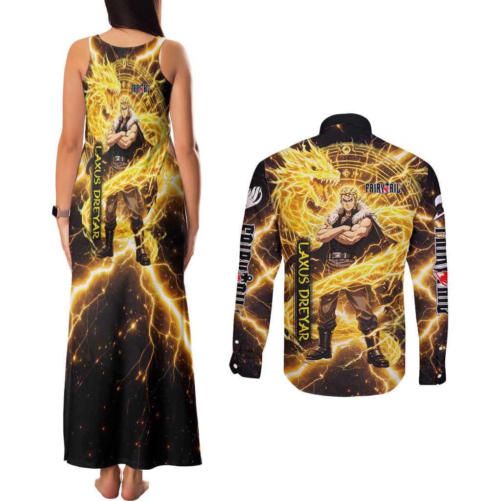Laxus Dreyar Fairy Tail Couples Matching Tank Maxi Dress and Long Sleeve Button Shirt Lightning Dragon Anime Style with Electric Surge Visuals