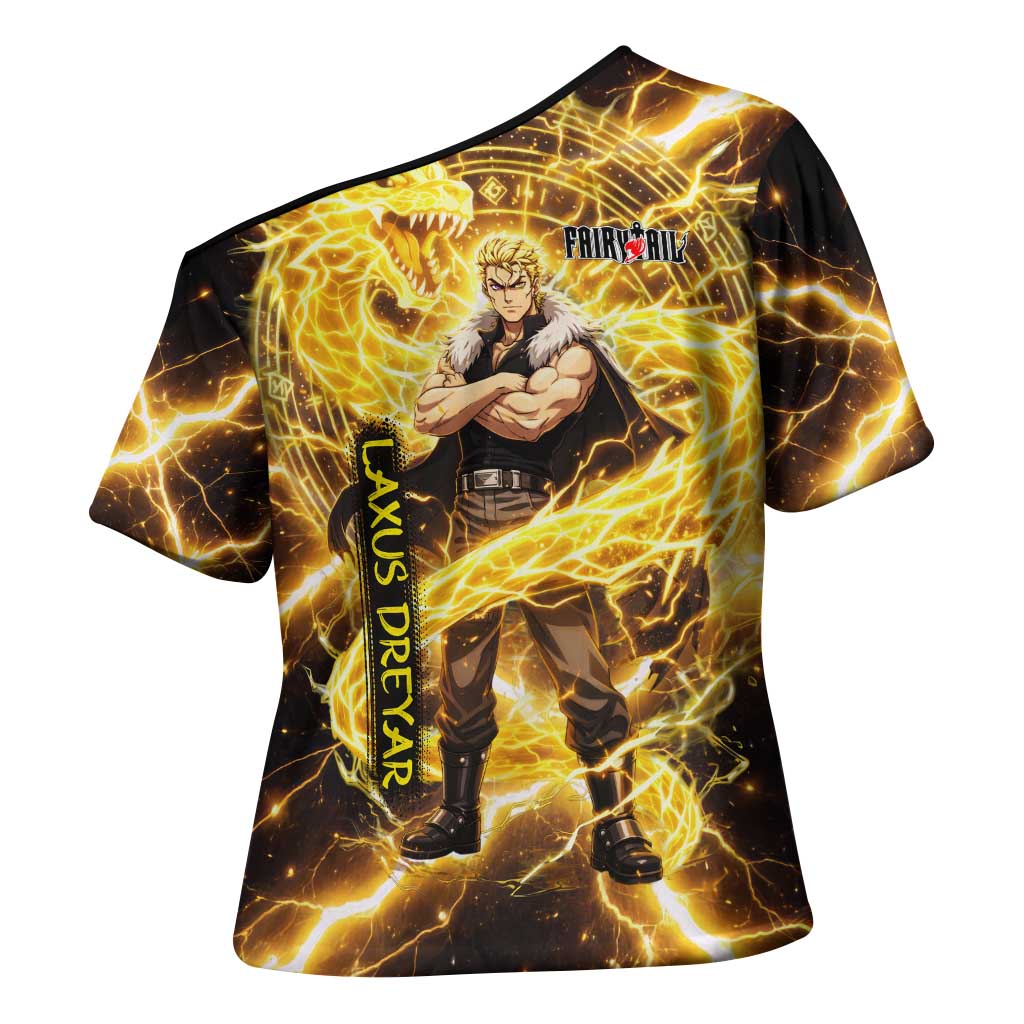 Laxus Dreyar Fairy Tail Cross Shoulder Shirt Lightning Dragon Anime Style with Electric Surge Visuals