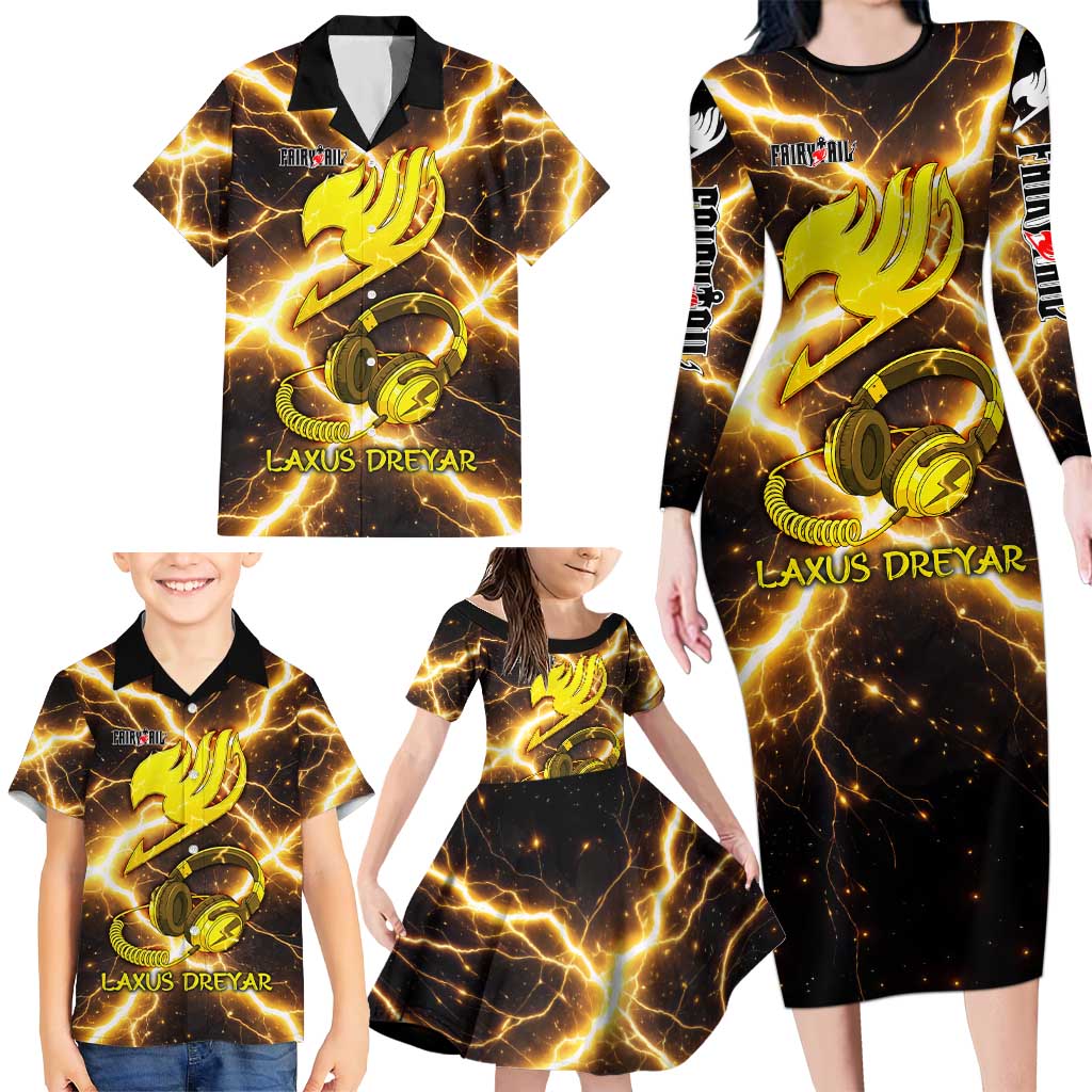 Laxus Dreyar Fairy Tail Family Matching Long Sleeve Bodycon Dress and Hawaiian Shirt Lightning Dragon Anime Style with Electric Surge Visuals
