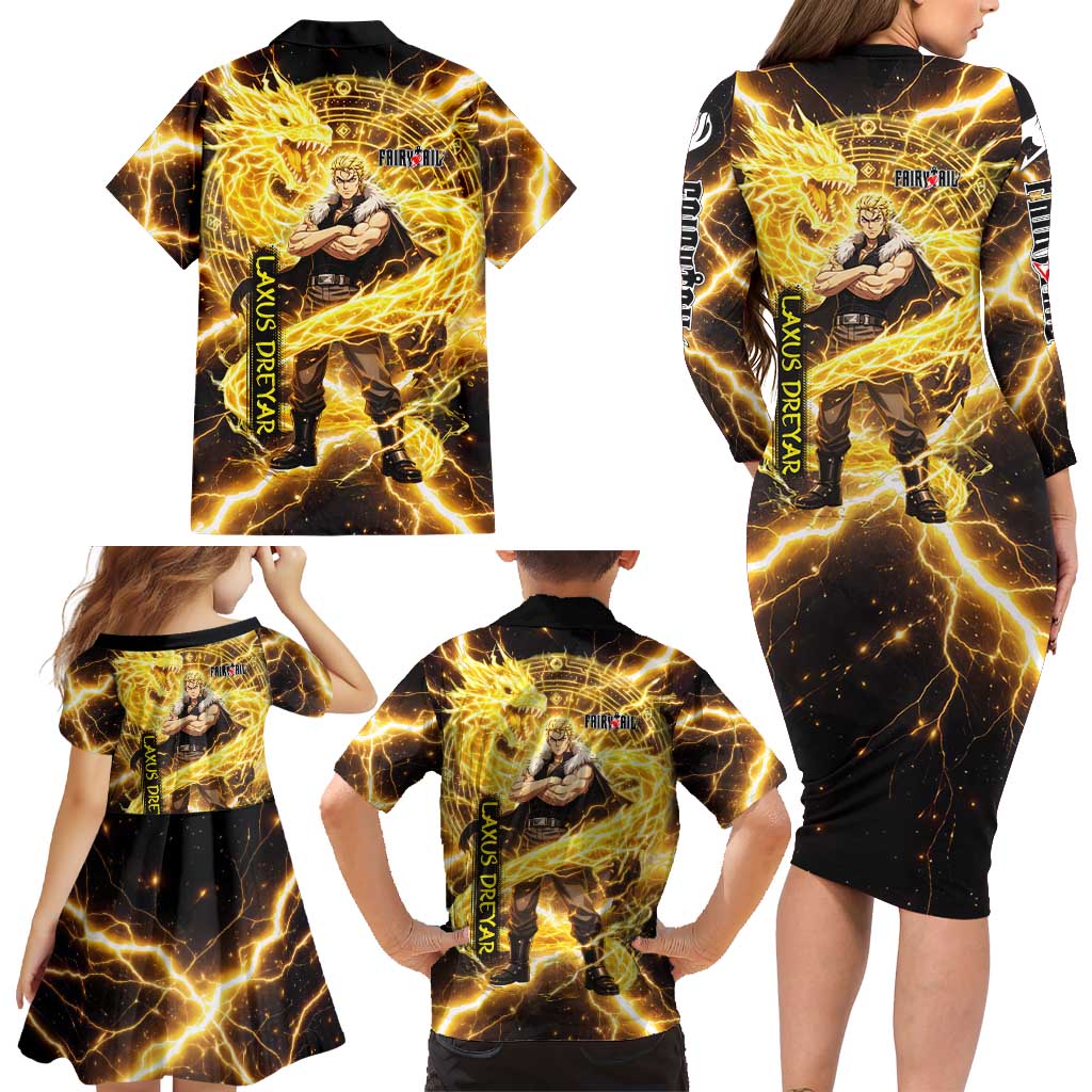 Laxus Dreyar Fairy Tail Family Matching Long Sleeve Bodycon Dress and Hawaiian Shirt Lightning Dragon Anime Style with Electric Surge Visuals