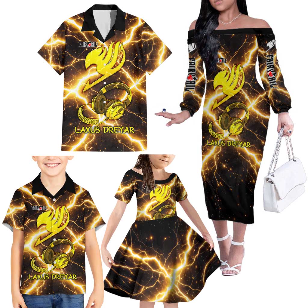 Laxus Dreyar Fairy Tail Family Matching Off The Shoulder Long Sleeve Dress and Hawaiian Shirt Lightning Dragon Anime Style with Electric Surge Visuals