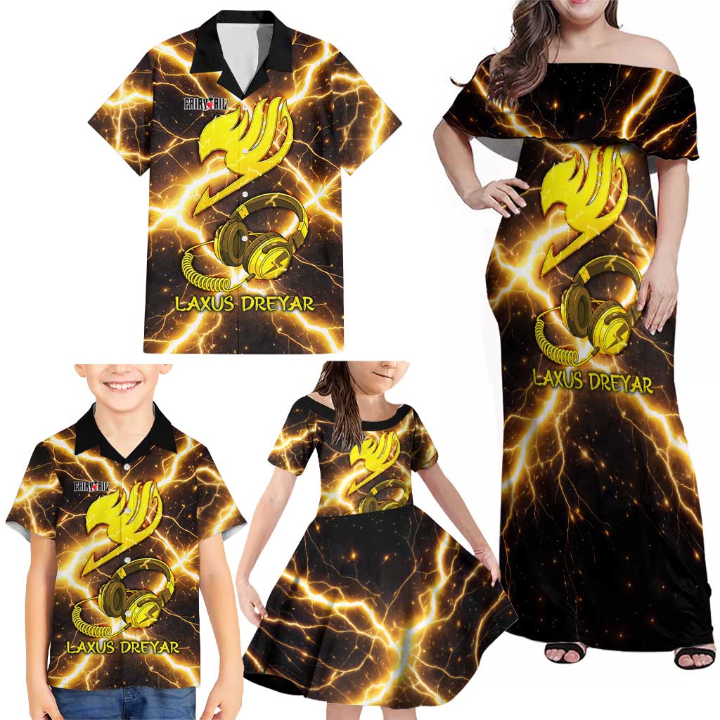 Laxus Dreyar Fairy Tail Family Matching Off Shoulder Maxi Dress and Hawaiian Shirt Lightning Dragon Anime Style with Electric Surge Visuals