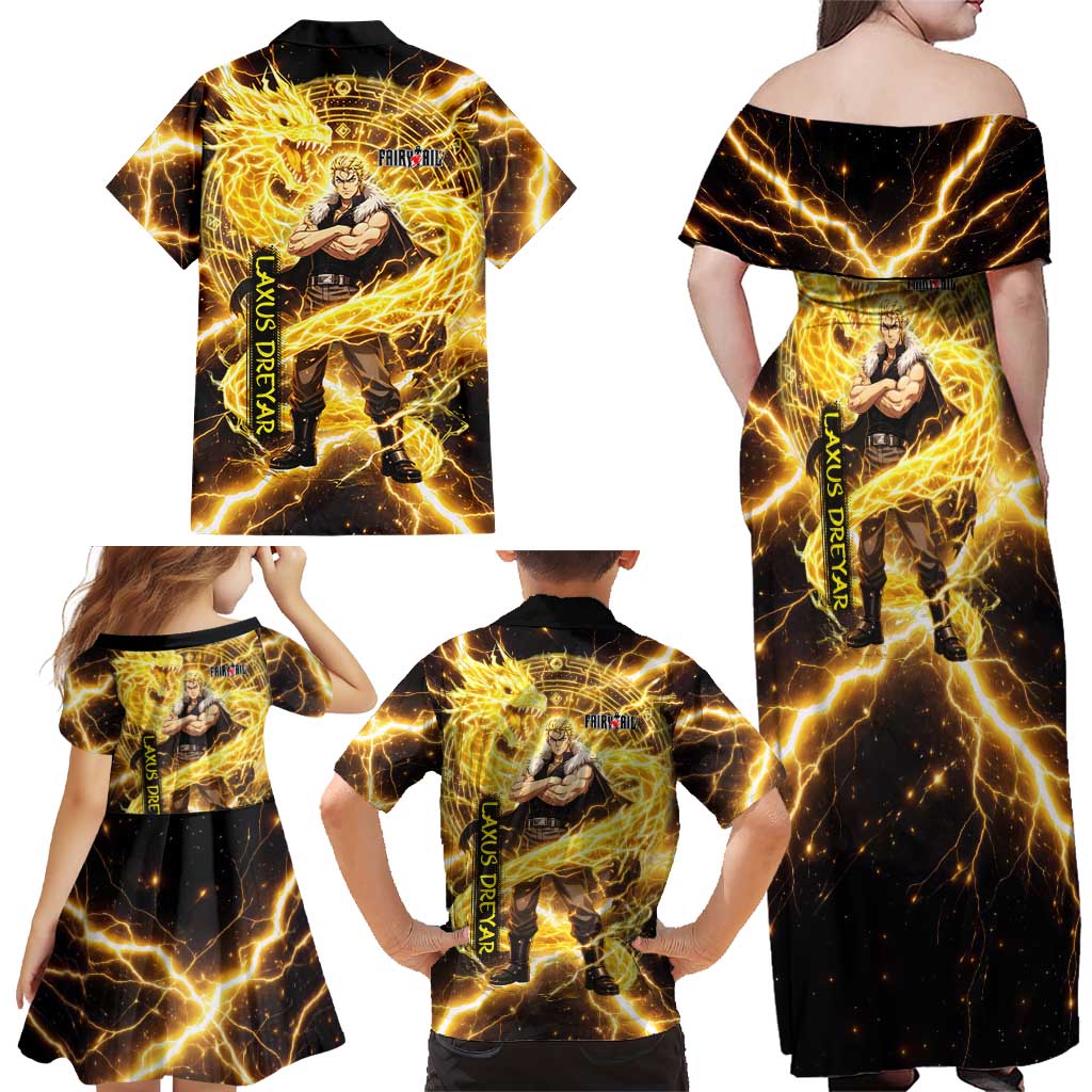 Laxus Dreyar Fairy Tail Family Matching Off Shoulder Maxi Dress and Hawaiian Shirt Lightning Dragon Anime Style with Electric Surge Visuals