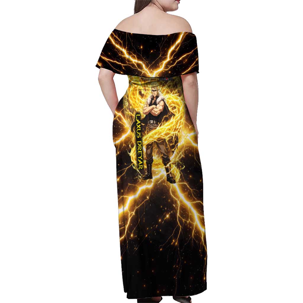 Laxus Dreyar Fairy Tail Family Matching Off Shoulder Maxi Dress and Hawaiian Shirt Lightning Dragon Anime Style with Electric Surge Visuals