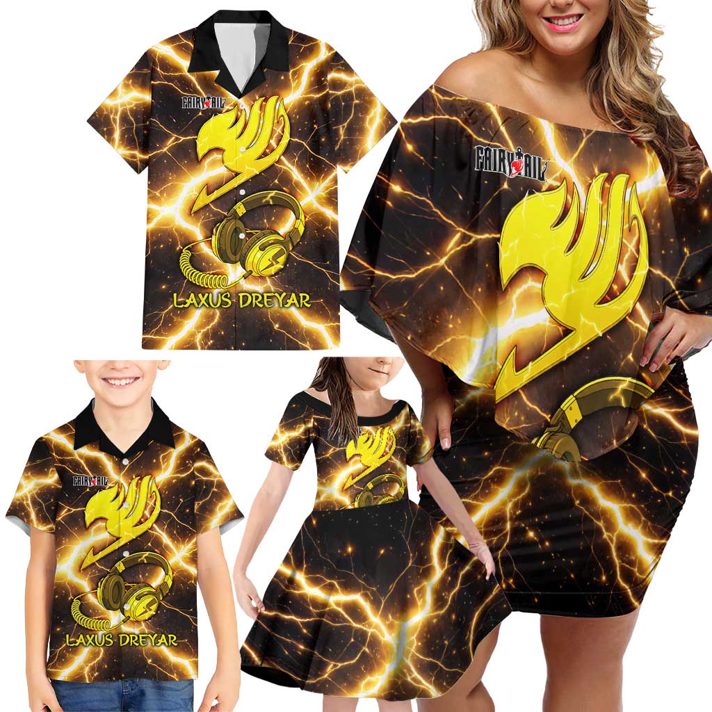 Laxus Dreyar Fairy Tail Family Matching Off Shoulder Short Dress and Hawaiian Shirt Lightning Dragon Anime Style with Electric Surge Visuals