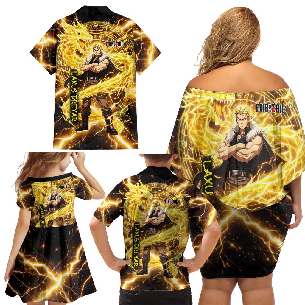 Laxus Dreyar Fairy Tail Family Matching Off Shoulder Short Dress and Hawaiian Shirt Lightning Dragon Anime Style with Electric Surge Visuals