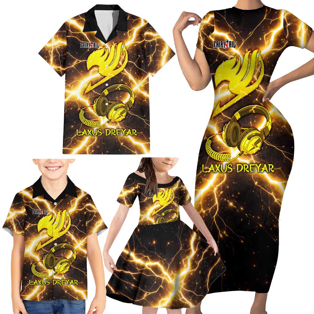 Laxus Dreyar Fairy Tail Family Matching Short Sleeve Bodycon Dress and Hawaiian Shirt Lightning Dragon Anime Style with Electric Surge Visuals