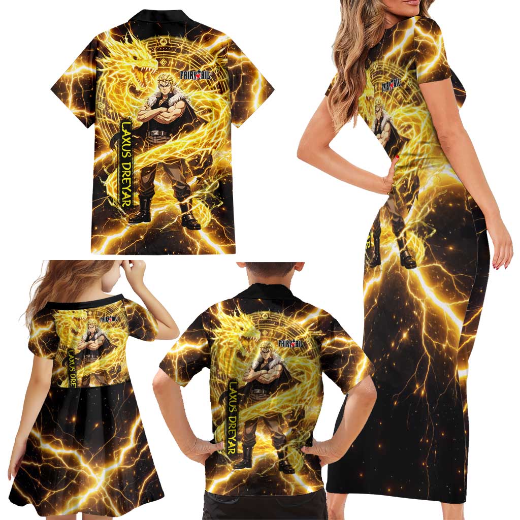 Laxus Dreyar Fairy Tail Family Matching Short Sleeve Bodycon Dress and Hawaiian Shirt Lightning Dragon Anime Style with Electric Surge Visuals