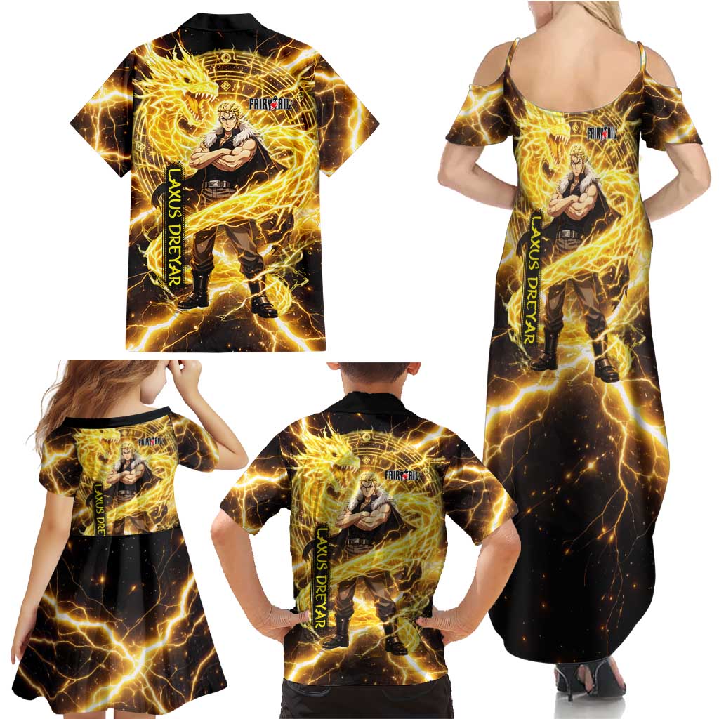 Laxus Dreyar Fairy Tail Family Matching Summer Maxi Dress and Hawaiian Shirt Lightning Dragon Anime Style with Electric Surge Visuals