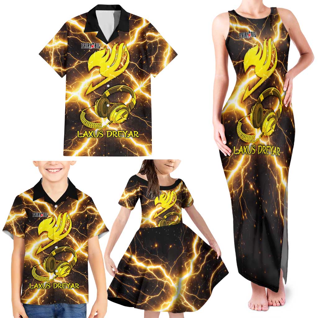 Laxus Dreyar Fairy Tail Family Matching Tank Maxi Dress and Hawaiian Shirt Lightning Dragon Anime Style with Electric Surge Visuals