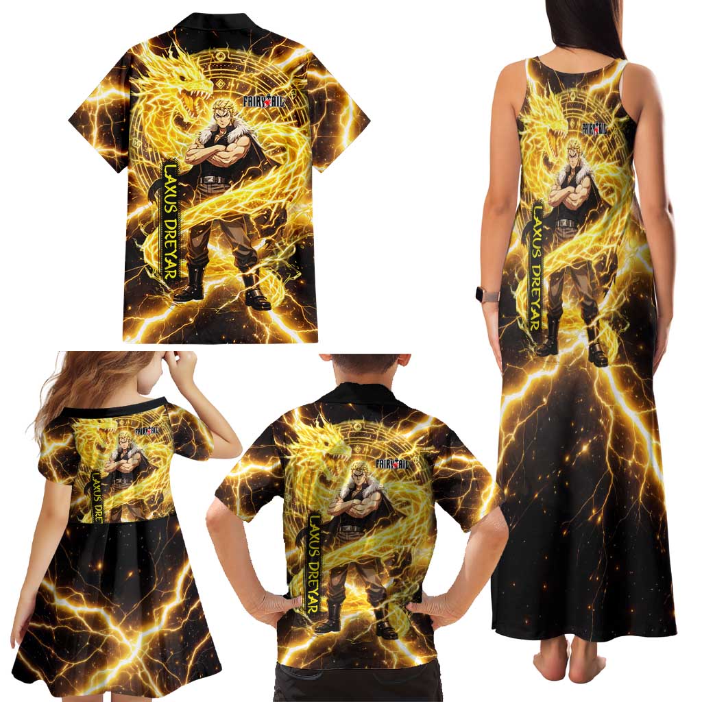 Laxus Dreyar Fairy Tail Family Matching Tank Maxi Dress and Hawaiian Shirt Lightning Dragon Anime Style with Electric Surge Visuals