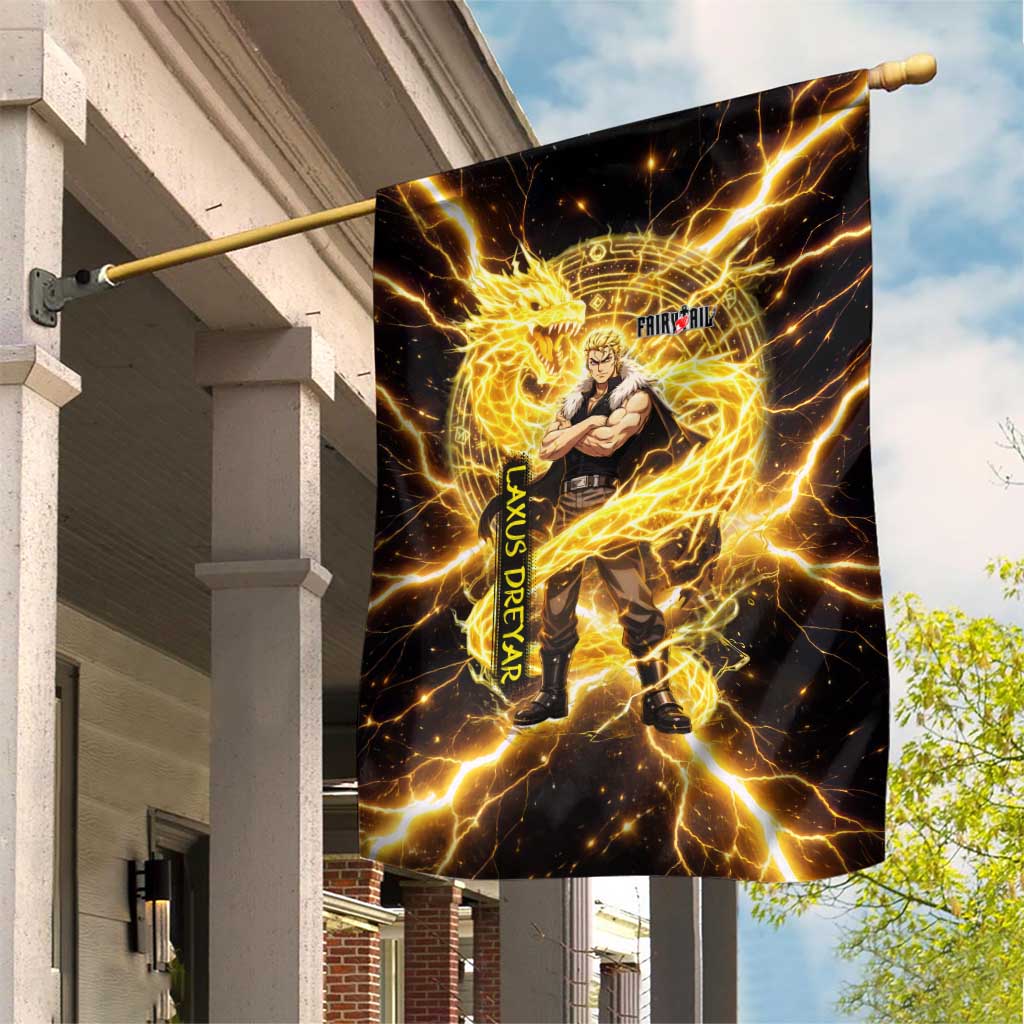 Laxus Dreyar Fairy Tail Garden Flag Lightning Dragon Anime Style with Electric Surge Visuals