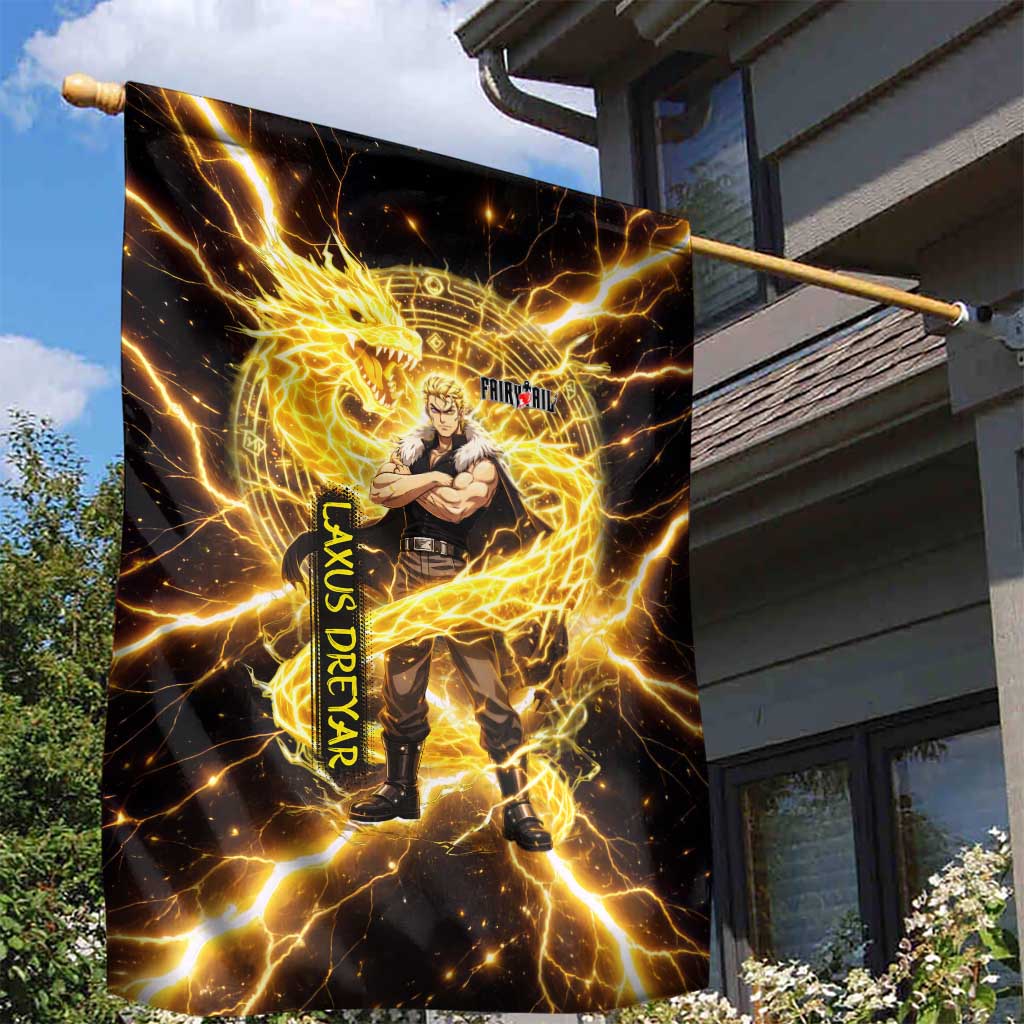 Laxus Dreyar Fairy Tail Garden Flag Lightning Dragon Anime Style with Electric Surge Visuals