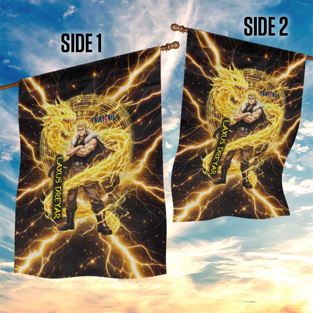 Laxus Dreyar Fairy Tail Garden Flag Lightning Dragon Anime Style with Electric Surge Visuals