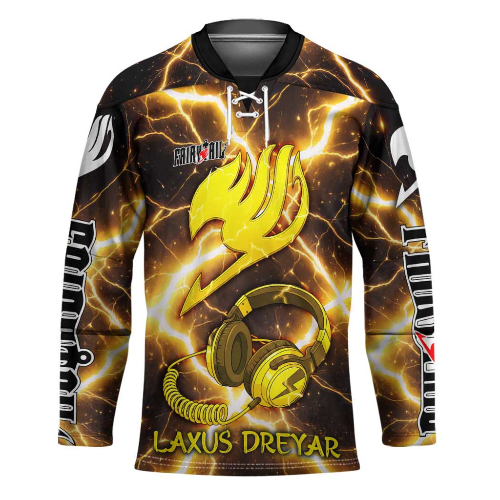 Laxus Dreyar Fairy Tail Hockey Jersey Lightning Dragon Anime Style with Electric Surge Visuals