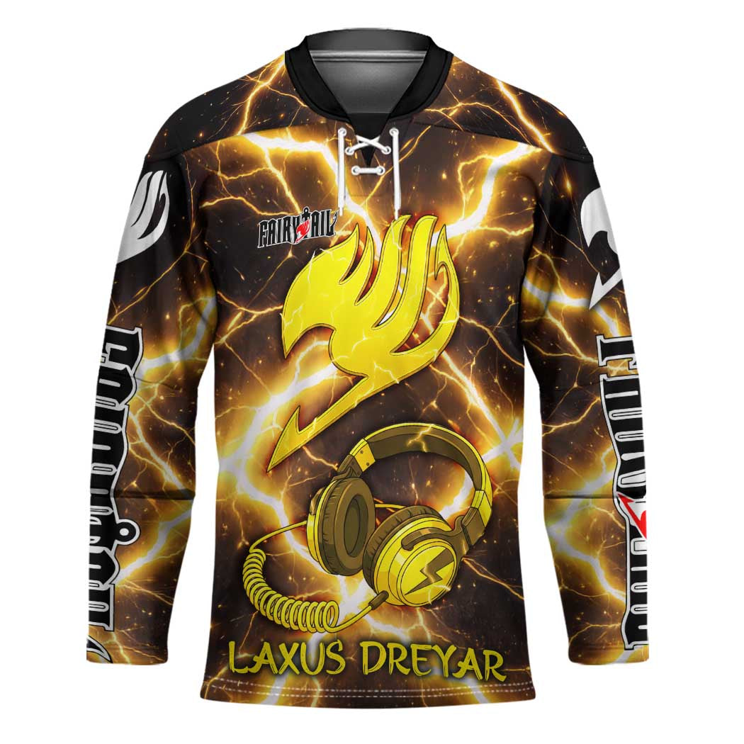 Laxus Dreyar Fairy Tail Hockey Jersey Lightning Dragon Anime Style with Electric Surge Visuals