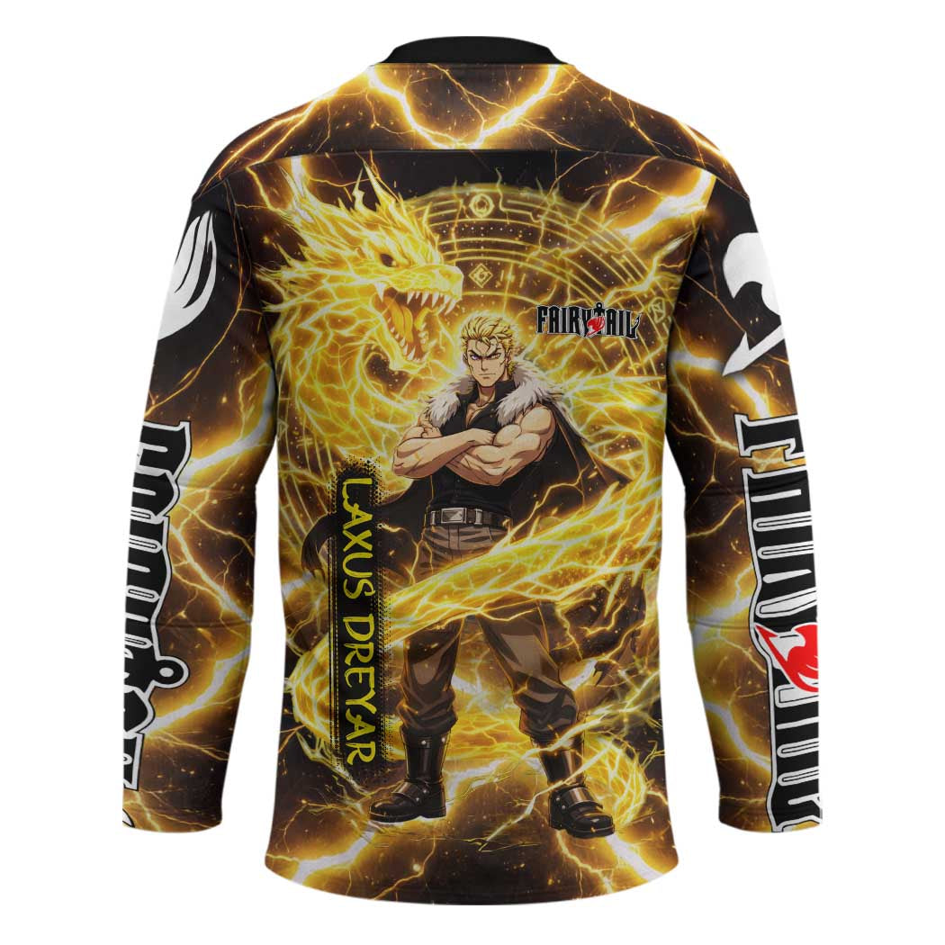 Laxus Dreyar Fairy Tail Hockey Jersey Lightning Dragon Anime Style with Electric Surge Visuals