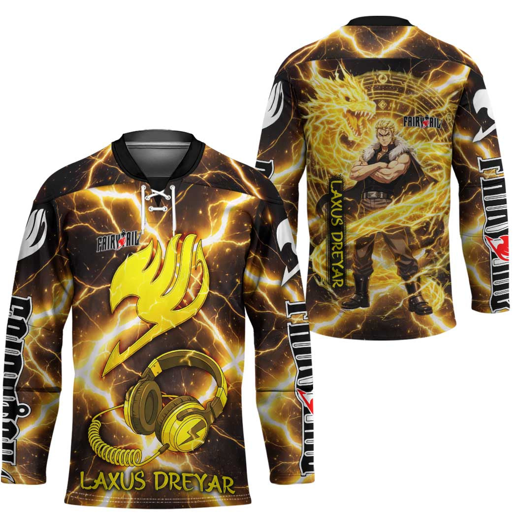 Laxus Dreyar Fairy Tail Hockey Jersey Lightning Dragon Anime Style with Electric Surge Visuals