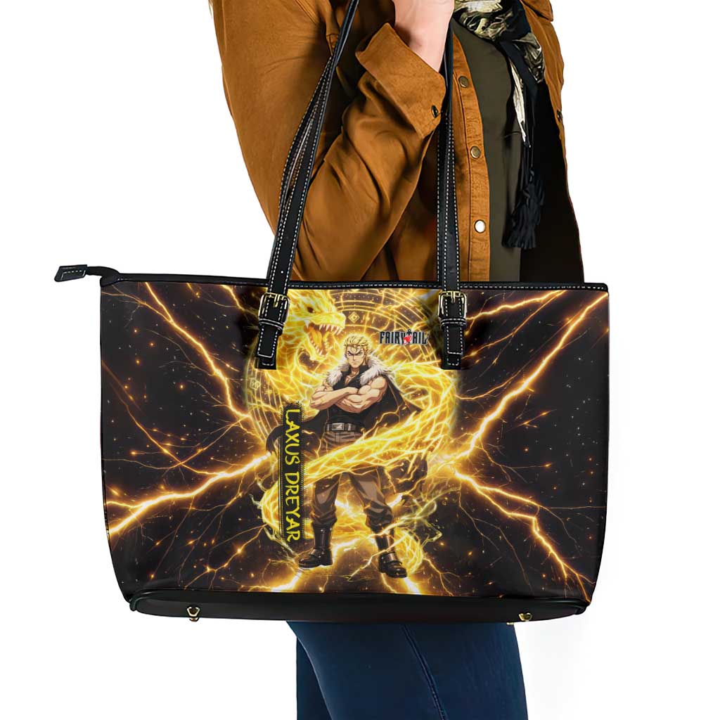 Laxus Dreyar Fairy Tail Leather Tote Bag Lightning Dragon Anime Style with Electric Surge Visuals
