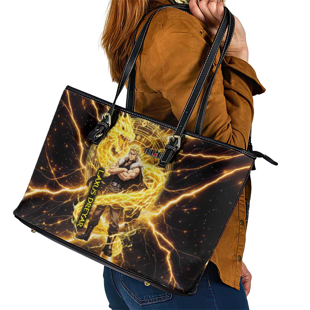 Laxus Dreyar Fairy Tail Leather Tote Bag Lightning Dragon Anime Style with Electric Surge Visuals