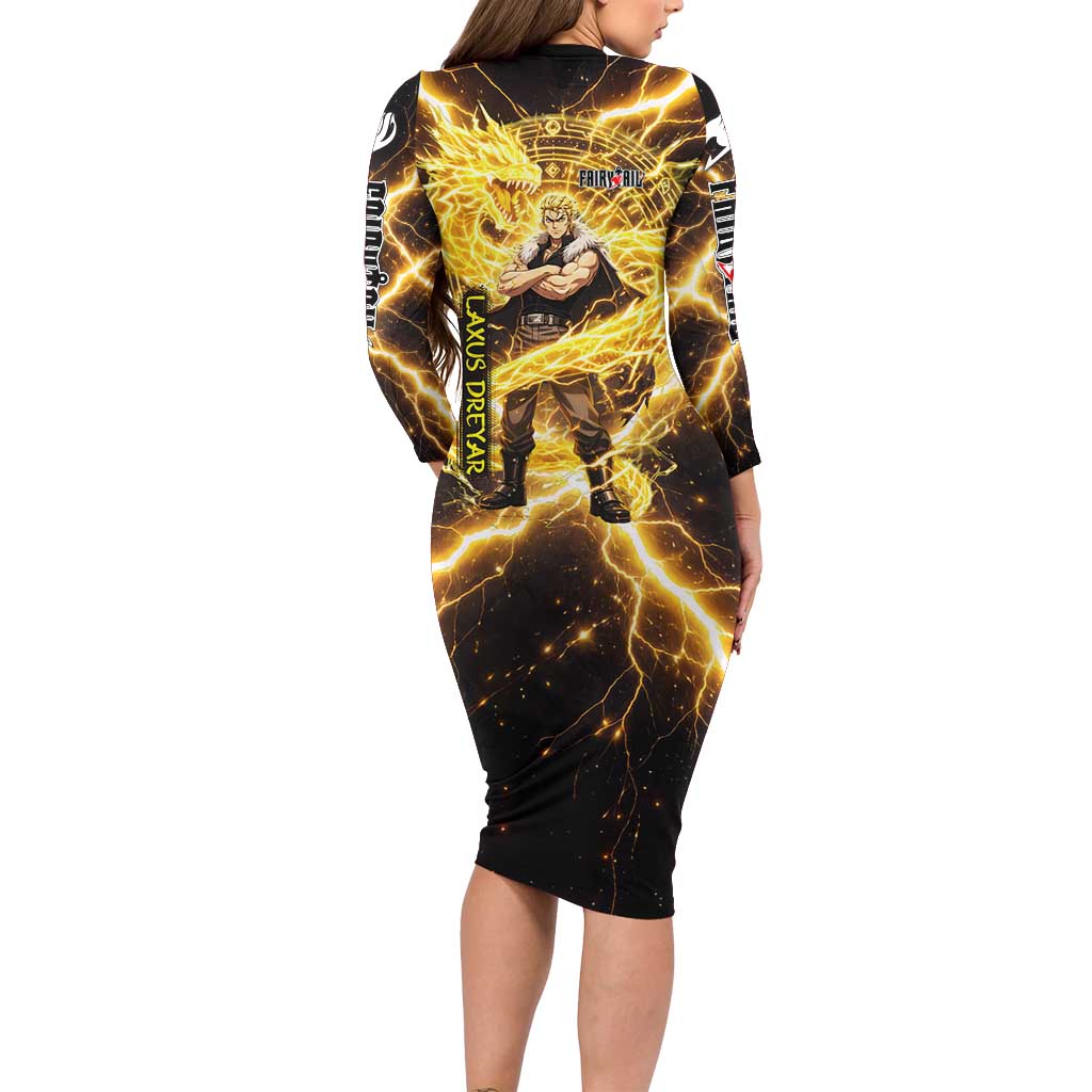 Laxus Dreyar Fairy Tail Long Sleeve Bodycon Dress Lightning Dragon Anime Style with Electric Surge Visuals