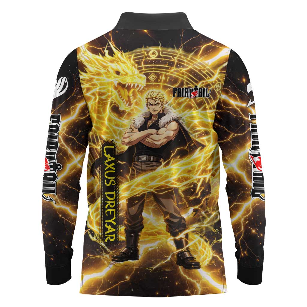 Laxus Dreyar Fairy Tail Long Sleeve Polo Shirt Lightning Dragon Anime Style with Electric Surge Visuals
