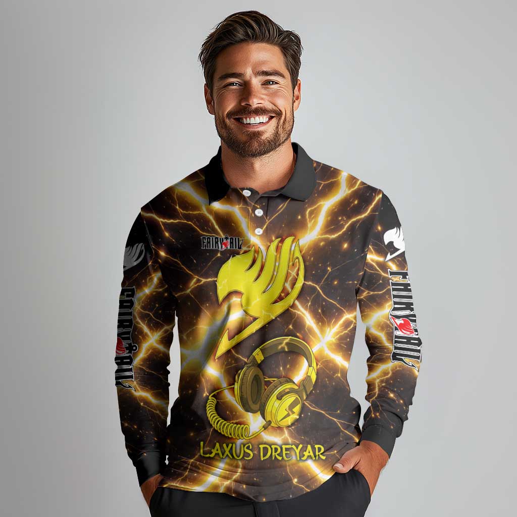 Laxus Dreyar Fairy Tail Long Sleeve Polo Shirt Lightning Dragon Anime Style with Electric Surge Visuals