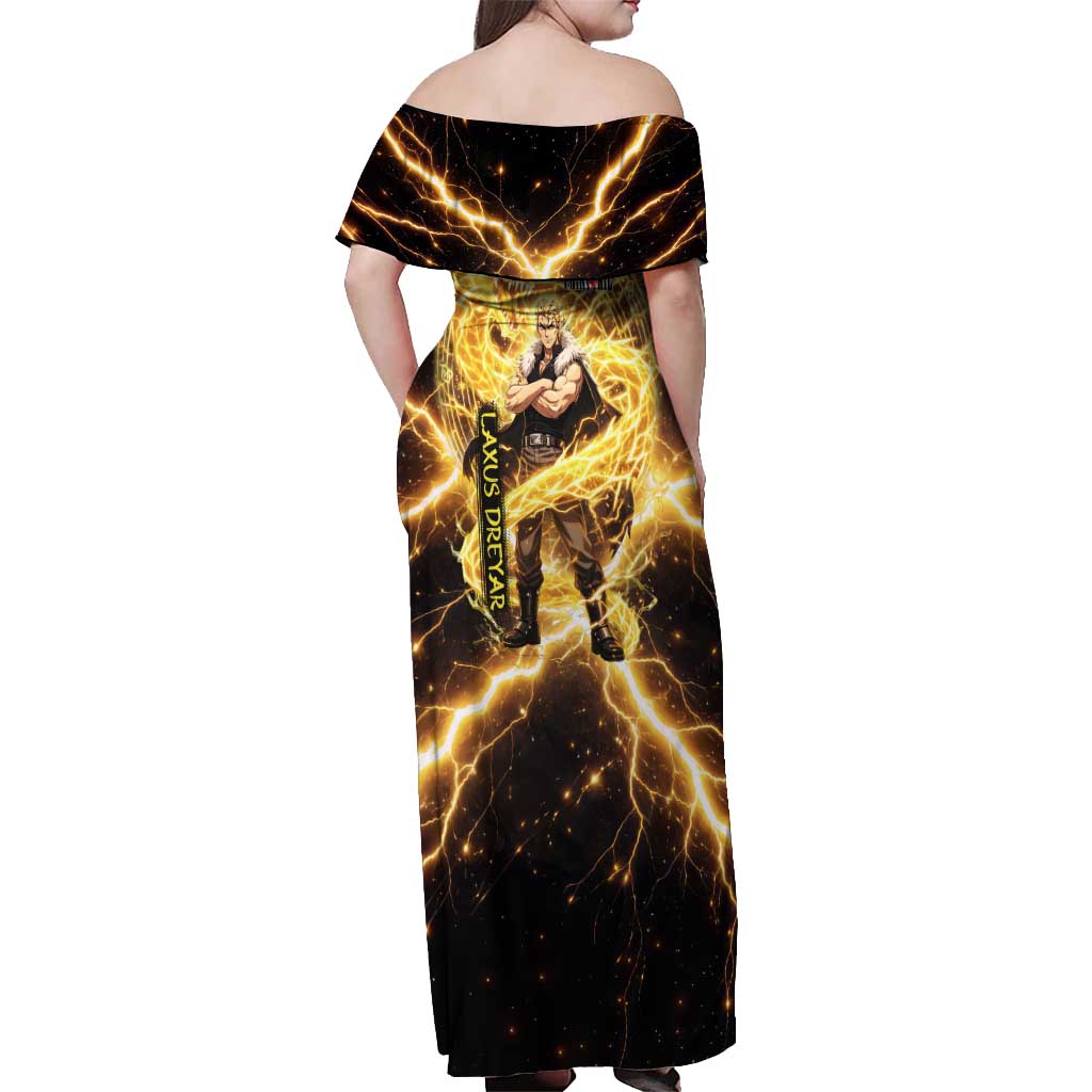 Laxus Dreyar Fairy Tail Off Shoulder Maxi Dress Lightning Dragon Anime Style with Electric Surge Visuals