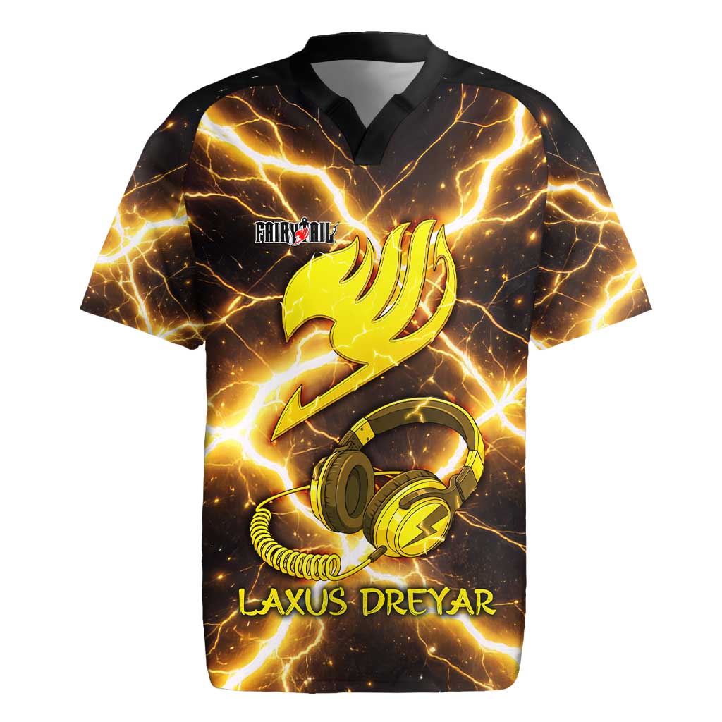 Laxus Dreyar Fairy Tail Rugby Jersey Lightning Dragon Anime Style with Electric Surge Visuals