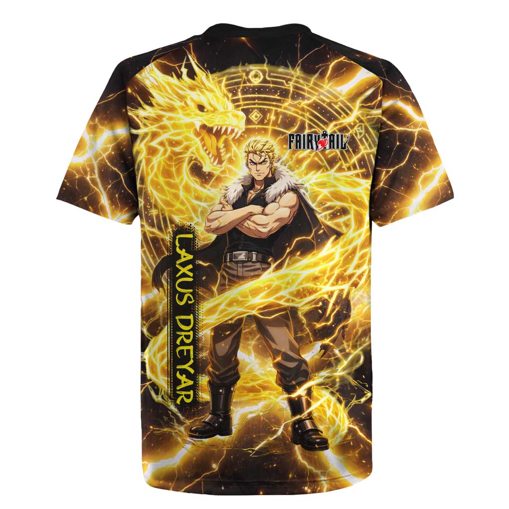 Laxus Dreyar Fairy Tail Rugby Jersey Lightning Dragon Anime Style with Electric Surge Visuals