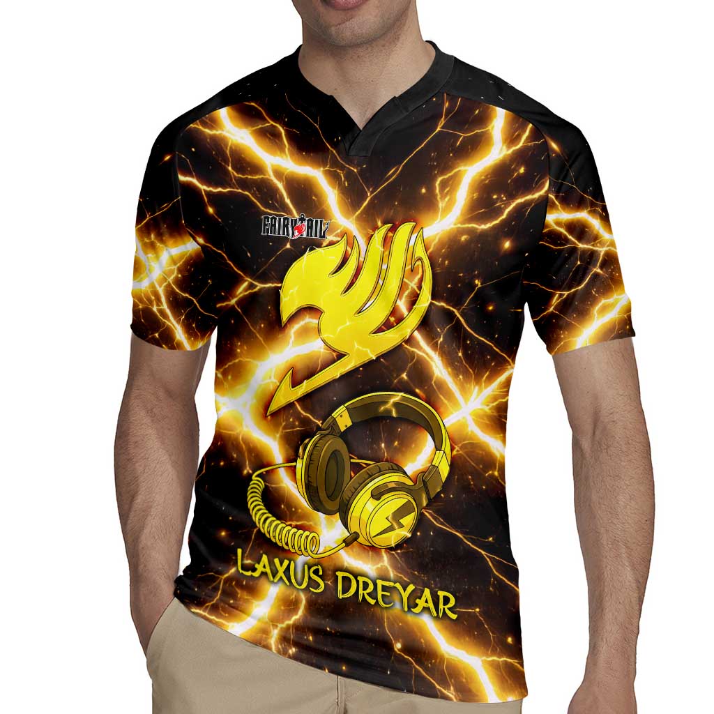 Laxus Dreyar Fairy Tail Rugby Jersey Lightning Dragon Anime Style with Electric Surge Visuals
