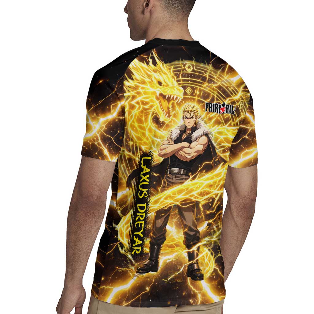 Laxus Dreyar Fairy Tail Rugby Jersey Lightning Dragon Anime Style with Electric Surge Visuals