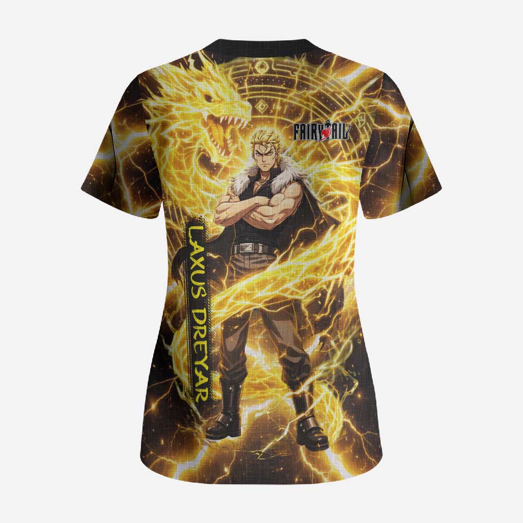 Laxus Dreyar Fairy Tail Scrub Top Lightning Dragon Anime Style with Electric Surge Visuals