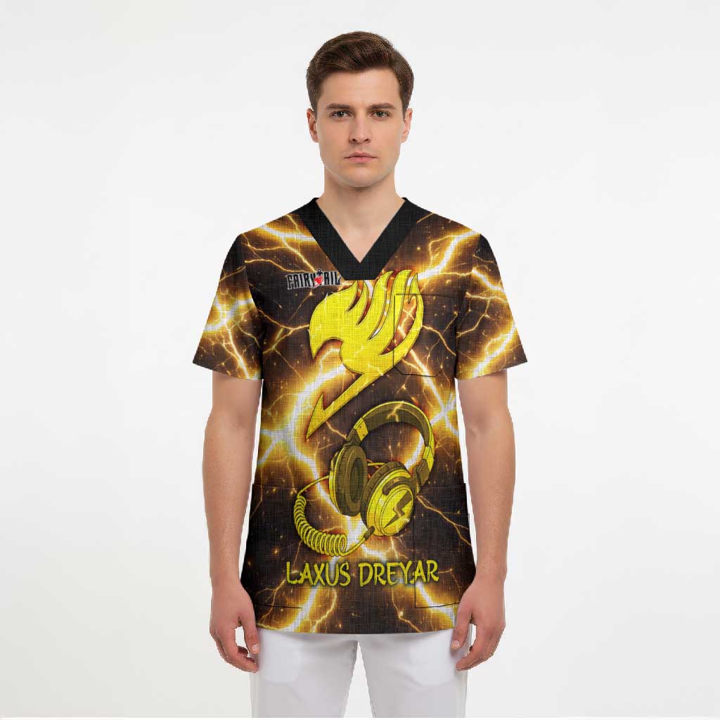 Laxus Dreyar Fairy Tail Scrub Top Lightning Dragon Anime Style with Electric Surge Visuals