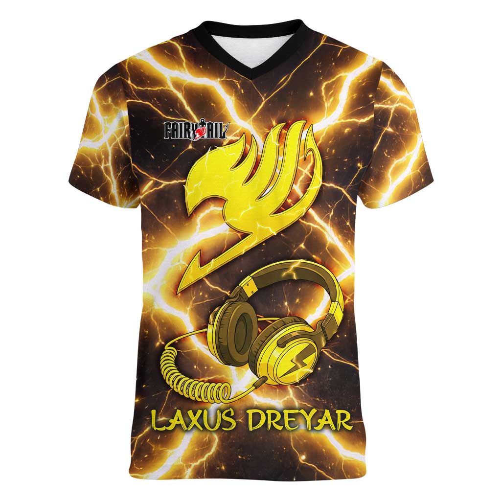 Laxus Dreyar Fairy Tail Women V-Neck T-Shirt Lightning Dragon Anime Style with Electric Surge Visuals