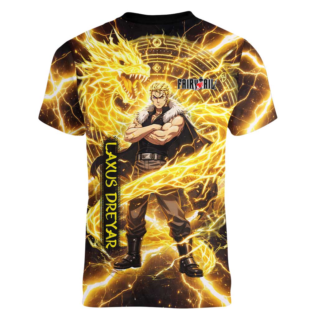 Laxus Dreyar Fairy Tail Women V-Neck T-Shirt Lightning Dragon Anime Style with Electric Surge Visuals