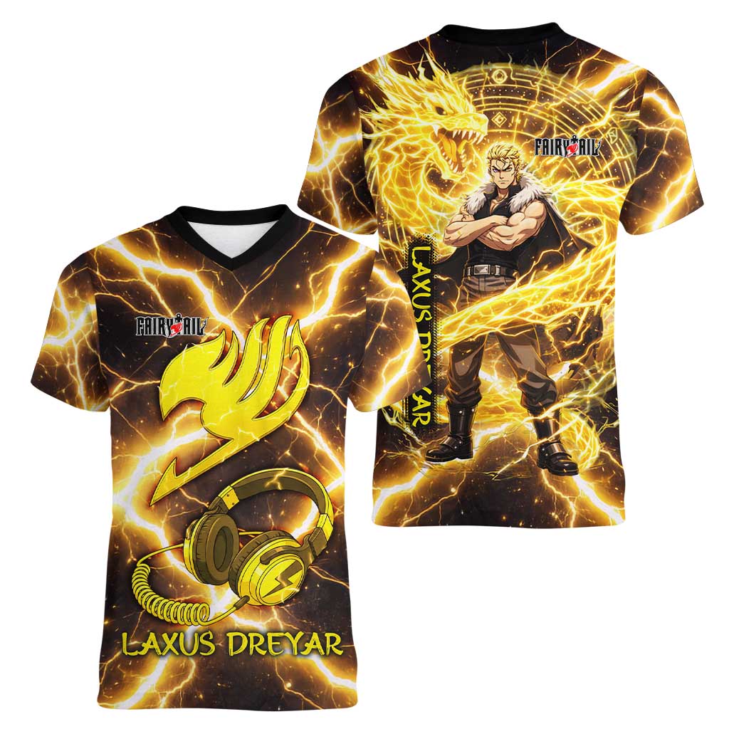 Laxus Dreyar Fairy Tail Women V-Neck T-Shirt Lightning Dragon Anime Style with Electric Surge Visuals