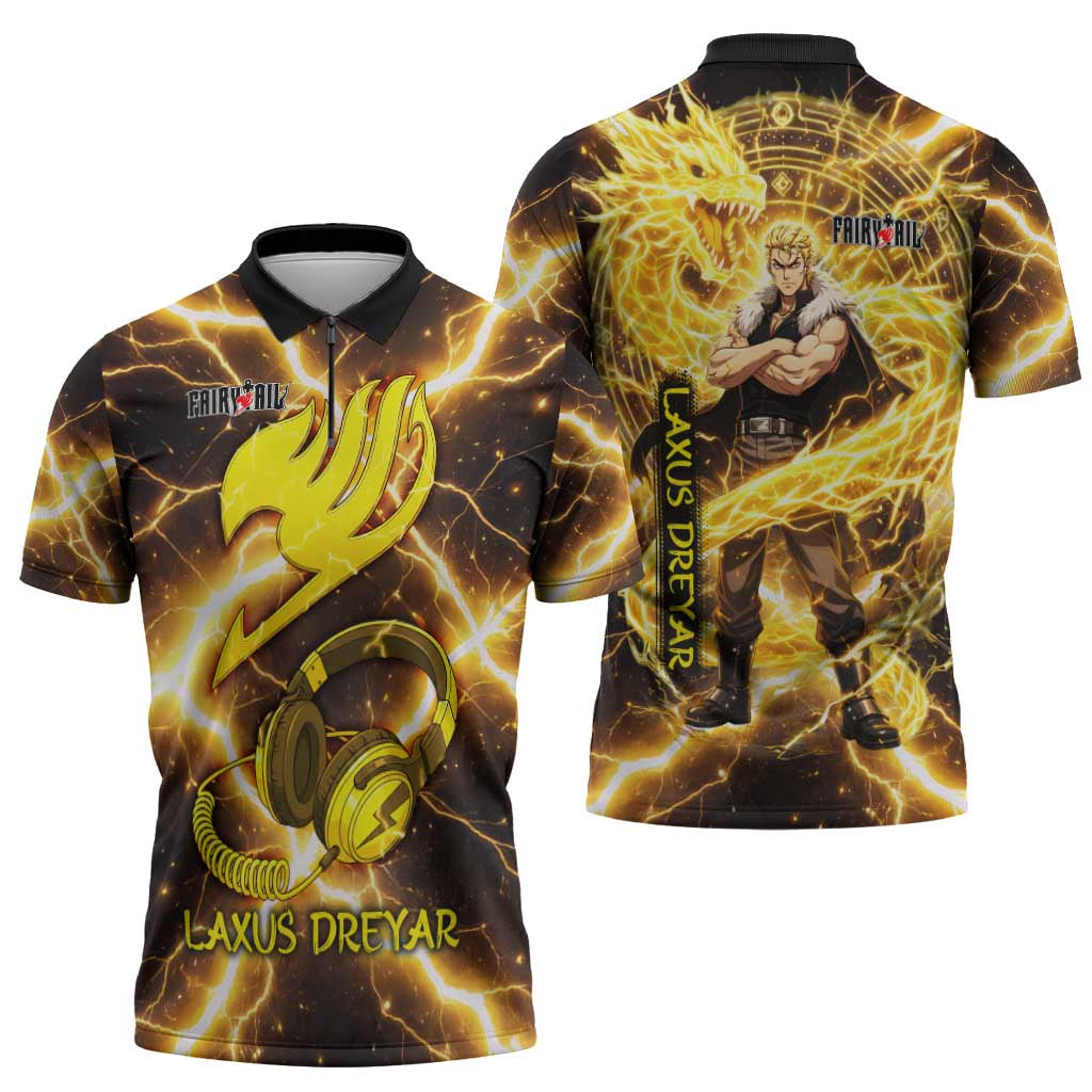 Laxus Dreyar Fairy Tail Zipper Polo Shirt Lightning Dragon Anime Style with Electric Surge Visuals