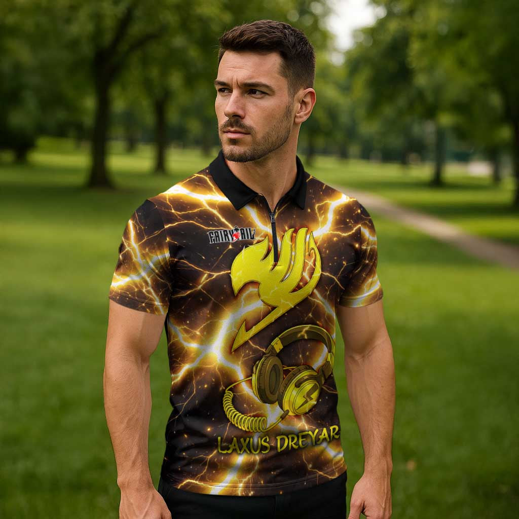 Laxus Dreyar Fairy Tail Zipper Polo Shirt Lightning Dragon Anime Style with Electric Surge Visuals