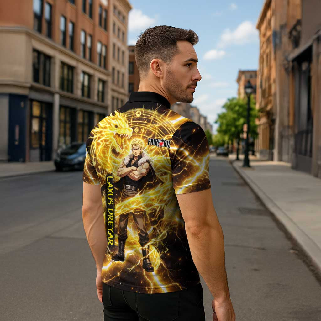 Laxus Dreyar Fairy Tail Zipper Polo Shirt Lightning Dragon Anime Style with Electric Surge Visuals